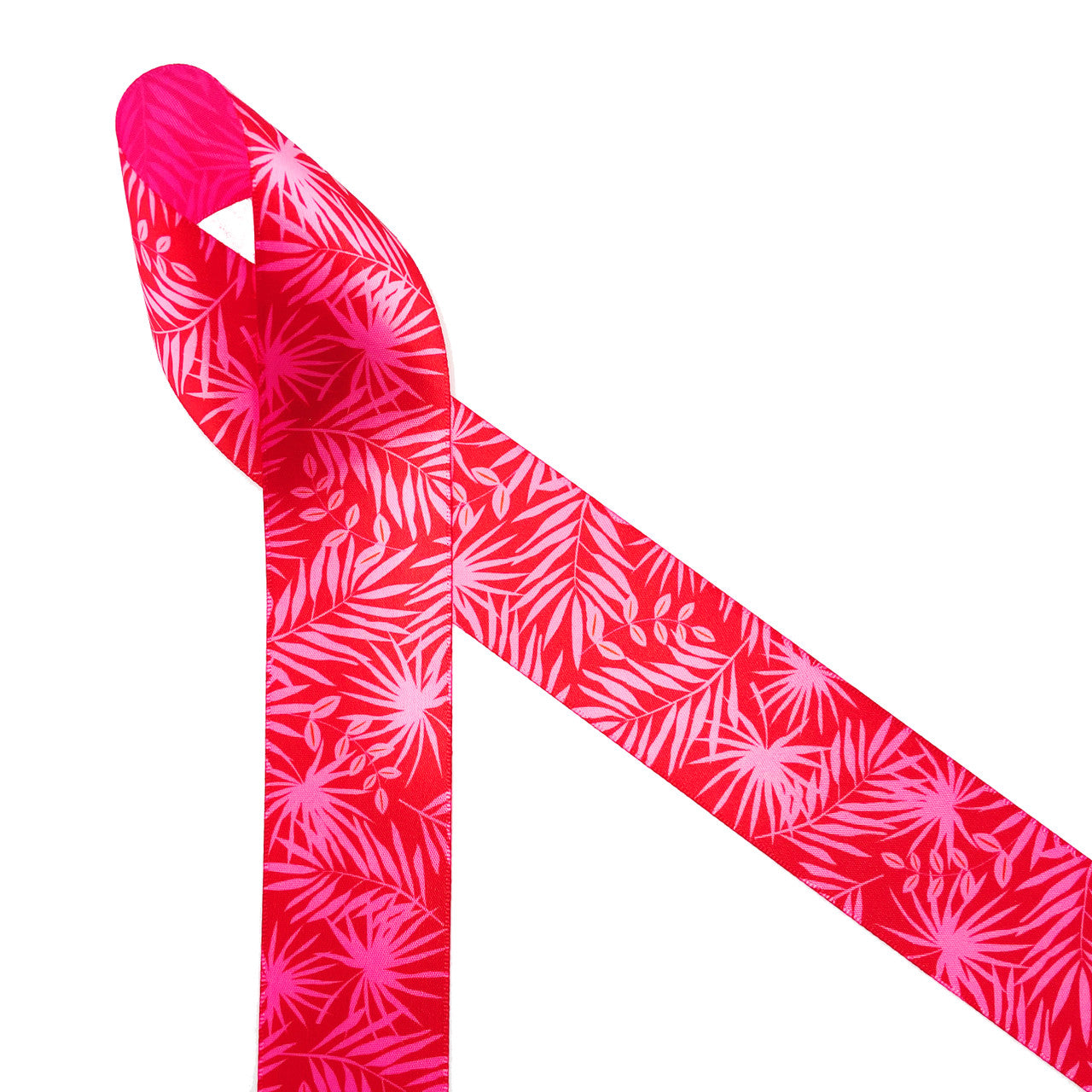 Palm Fronds ribbon in light pink on a hot pink background printed on 1.5" pink satin