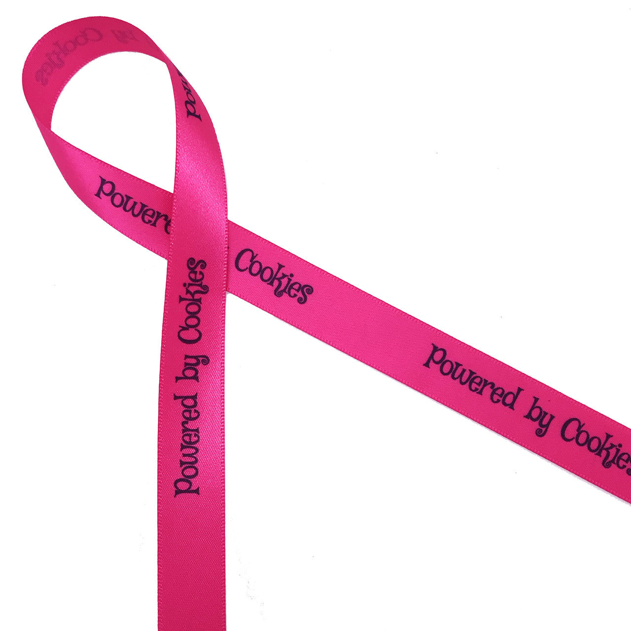 Powered by Cookies ribbon in black on 5/8" hot pink single face satin