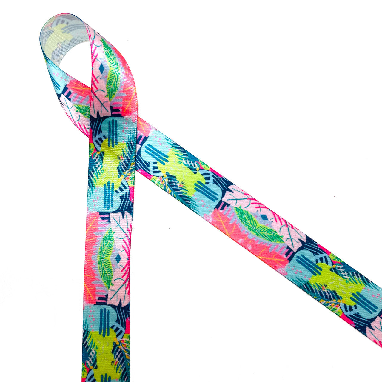 Tropical print ribbon in pink, lime, navy and light blue printed on 7/8" white single face satin