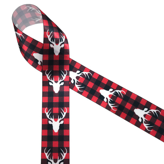 Buffalo Plaid with white deer head ribbon printed on 1.5" white single face satin ribbon