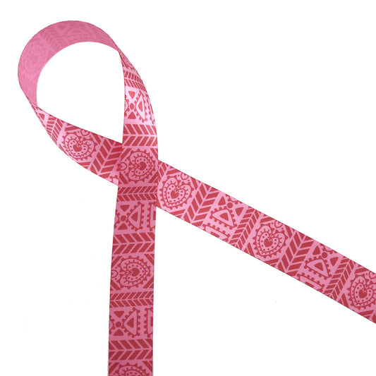 Valentine Tribal Ribbon printed in red on 7/8" pink single face satin