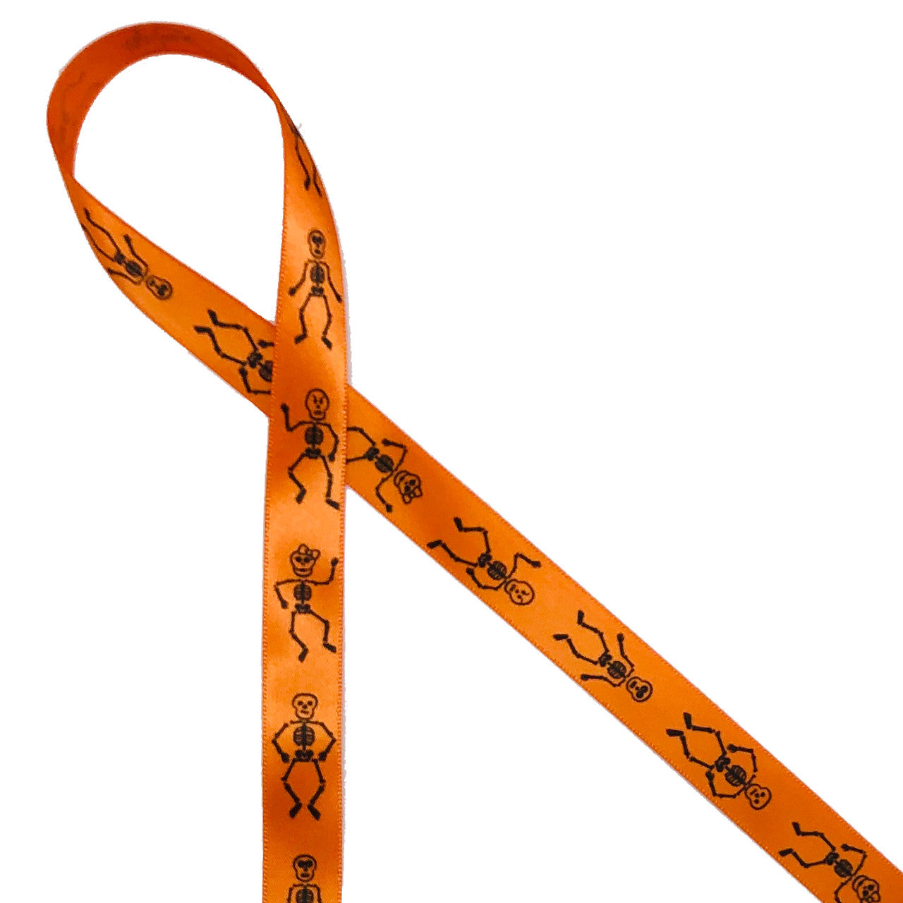 Skeleton ribbon featuring dancing skeleton bones printed on 5/8" orange single face satin
