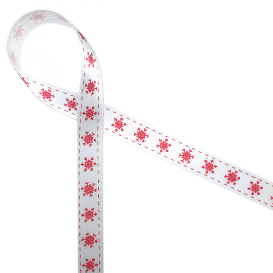 Snowflake Ribbon printed in red on 5/8" white single face satin