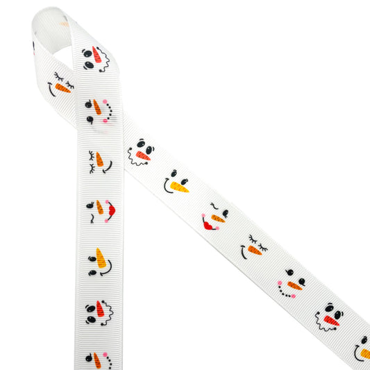 Snowman ribbon snowman faces printed on 7/8" white grosgrain