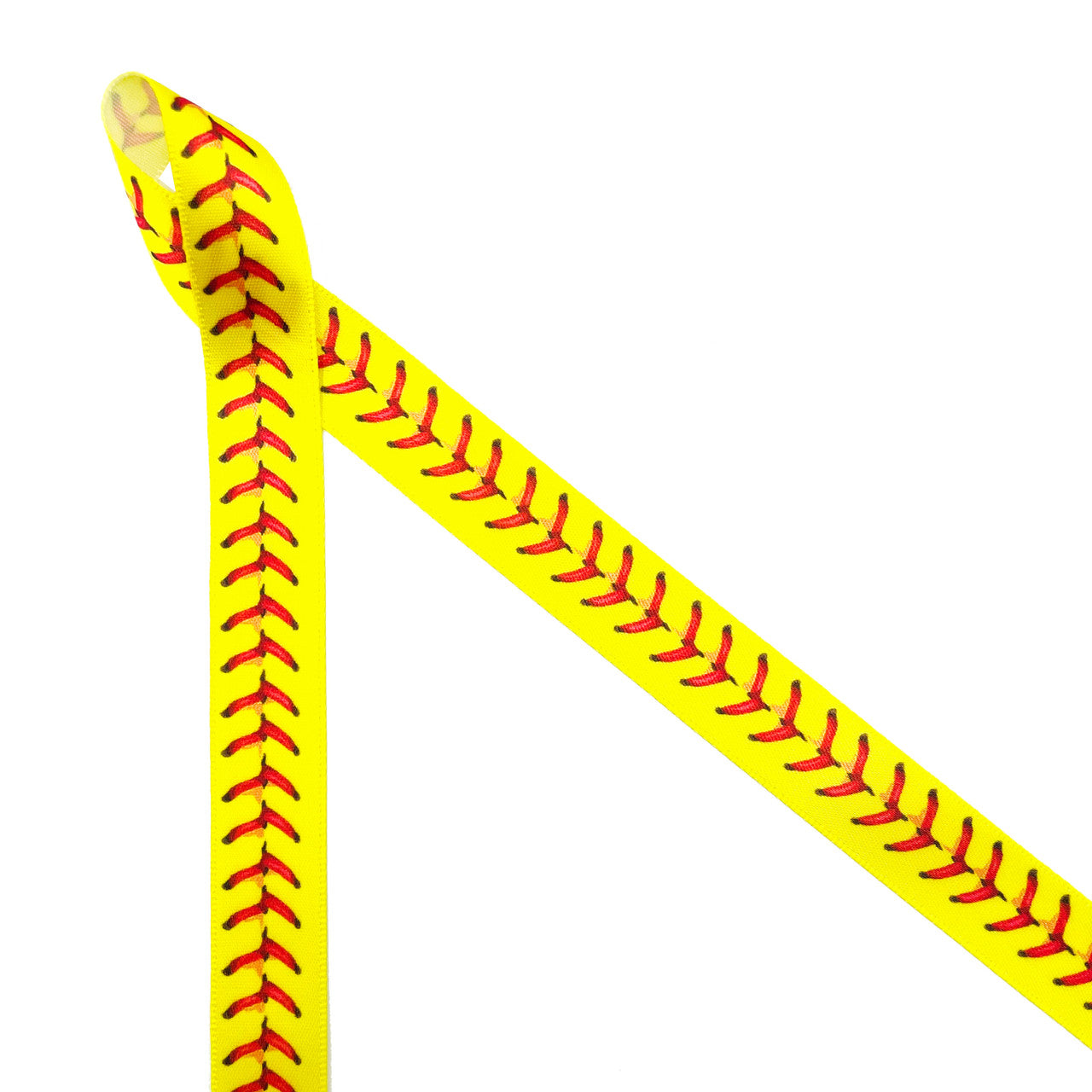 Softball ribbon red softball stitches on a bright yellow background printed on 5/8" white single face satin