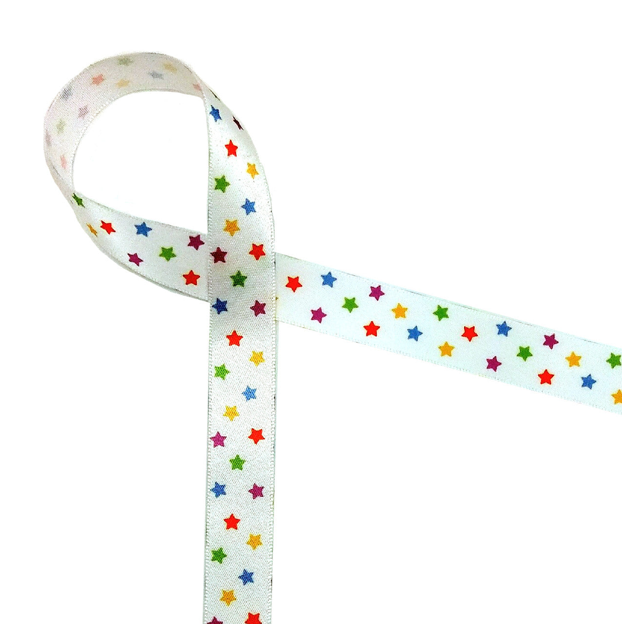 Stars in primary colors tossed on white satin ribbon