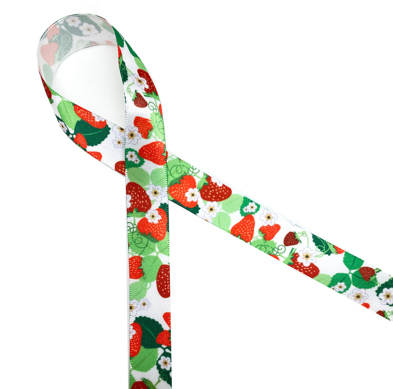 Strawberries  Ribbon with a white background on 5/8" White Single Face Satin Ribbon