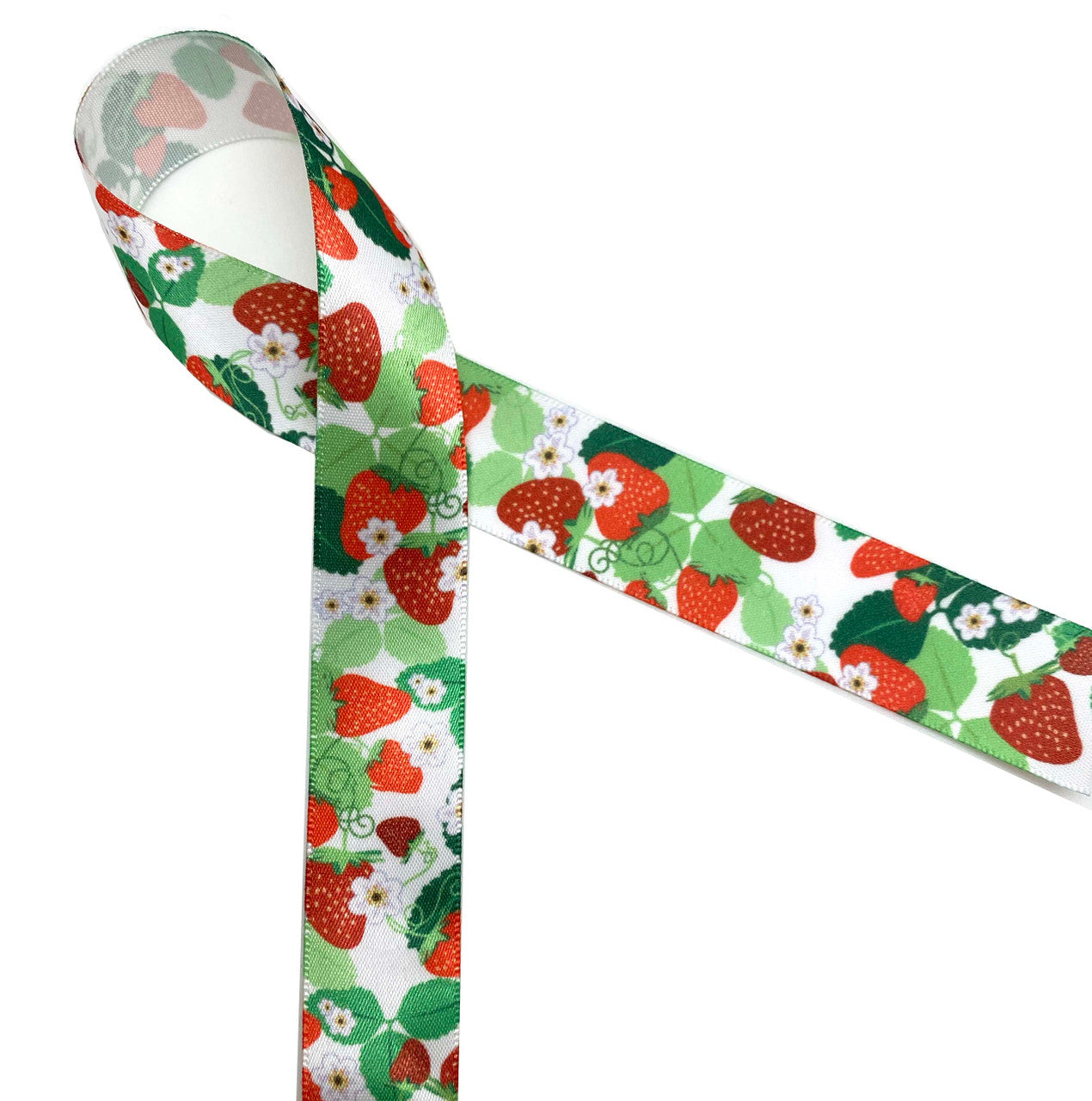 Strawberries  Ribbon with a white background on 7/8" White Single Face Satin Ribbon