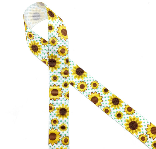 Sunflower ribbon with green dots printed on 7/8" white grosgrain