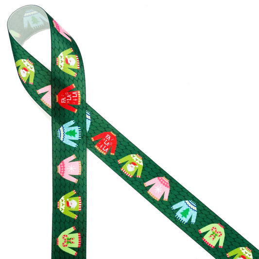 Christmas Ribbon Sweaters in primary colors on a green knit background printed on 7/8" white satin