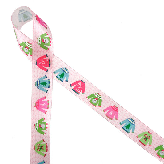 Christmas Ribbon Sweaters in pastel colors on a pink knit background printed  7/8 " white satin,