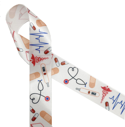 Nurse Ribbon with medical elements printed on 7/8" white single face satin