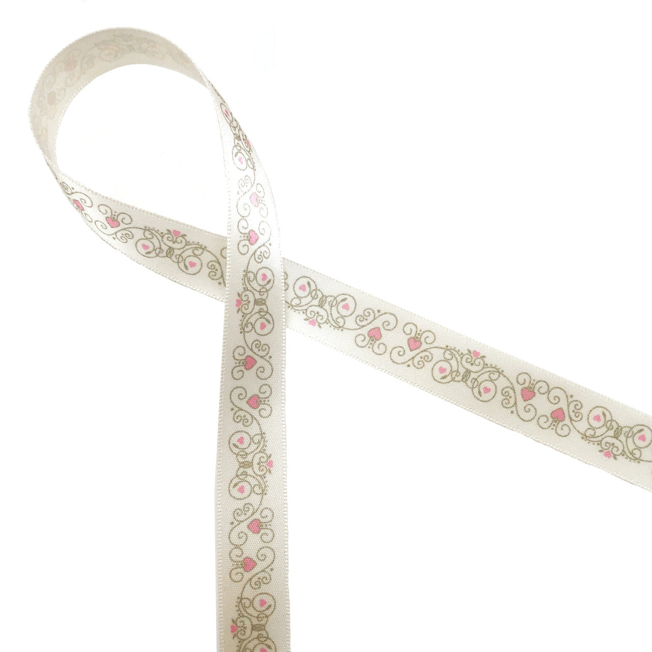 Scrolls Ribbon in champagne Gold  accented with Pink hearts printed on 5/8" Antique White Single Face Satin ribbon