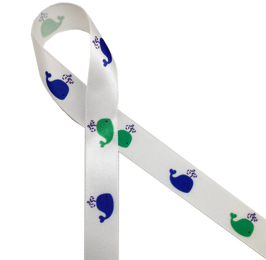 Spouting Whales Ribbon in Green and Blue on 5/8" White Single Face Satin Ribbon