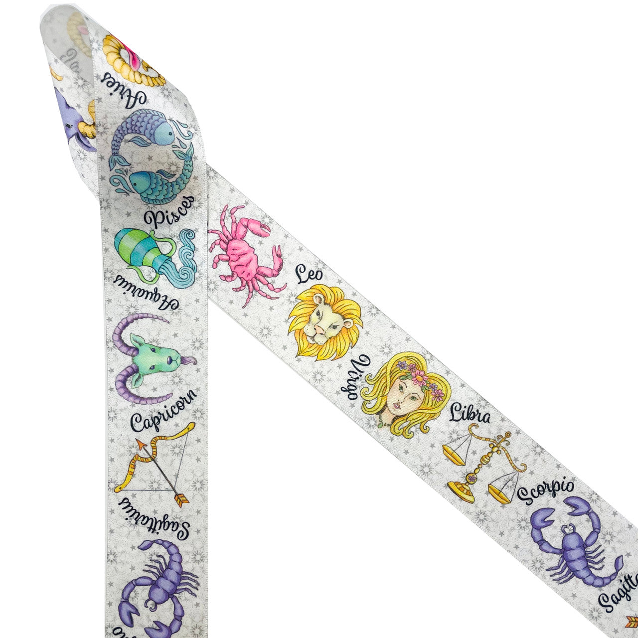 Astrology ribbon with all the Zodiac signs beautifully designed in pastel colors on a gray background with the sun and starts printed on 1.5" white single face satin is a gorgeous addition to any birthday gift for the astrology lover. Use this ribbon on gift wrap, gift baskets, party decor, quilting, craft and sewing projects. This is a fun ribbon for wreathes, costumes headbands and fascinators with an astrological theme. All our ribbons are designed and printed in the USA